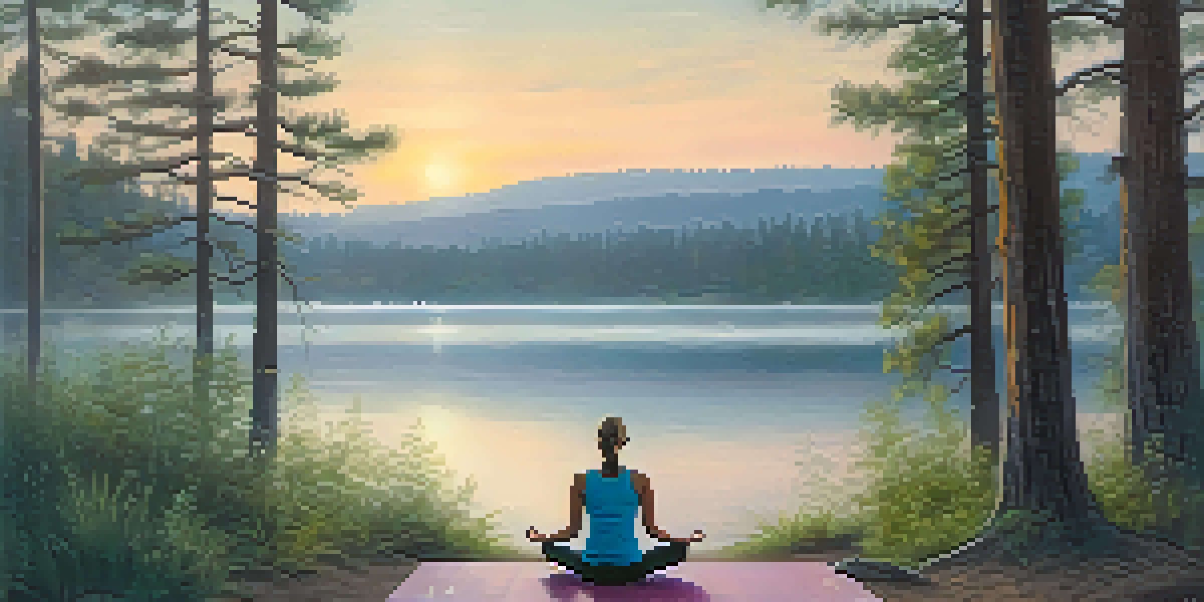 A person practicing yoga by a calm lake at sunrise, surrounded by trees and mist, with soft pastel colors in the sky.