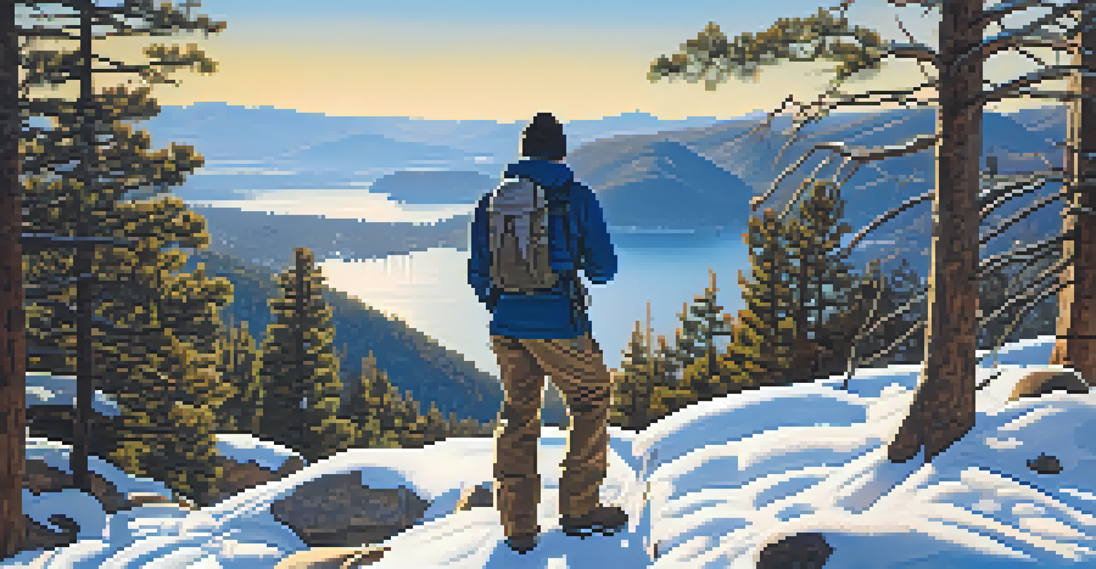 A hiker at the summit of Castle Rock Trail, overlooking Big Bear Lake and snow-capped mountains, holding a camera.