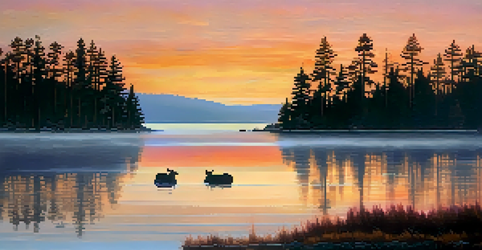 A peaceful sunrise at Big Bear Lake, featuring silhouettes of pine trees and grazing deer by the water.