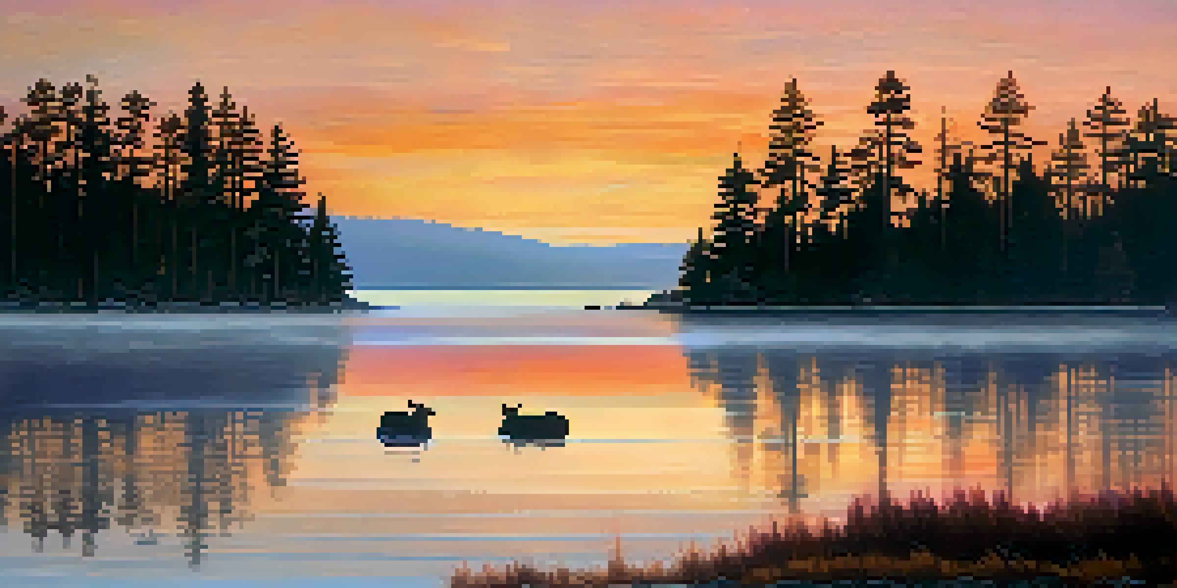 A peaceful sunrise at Big Bear Lake, featuring silhouettes of pine trees and grazing deer by the water.