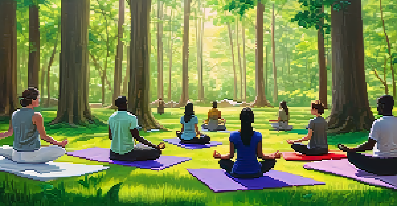 Participants in a guided meditation session sitting on yoga mats in a green clearing, with an instructor leading them in a calm atmosphere surrounded by trees.