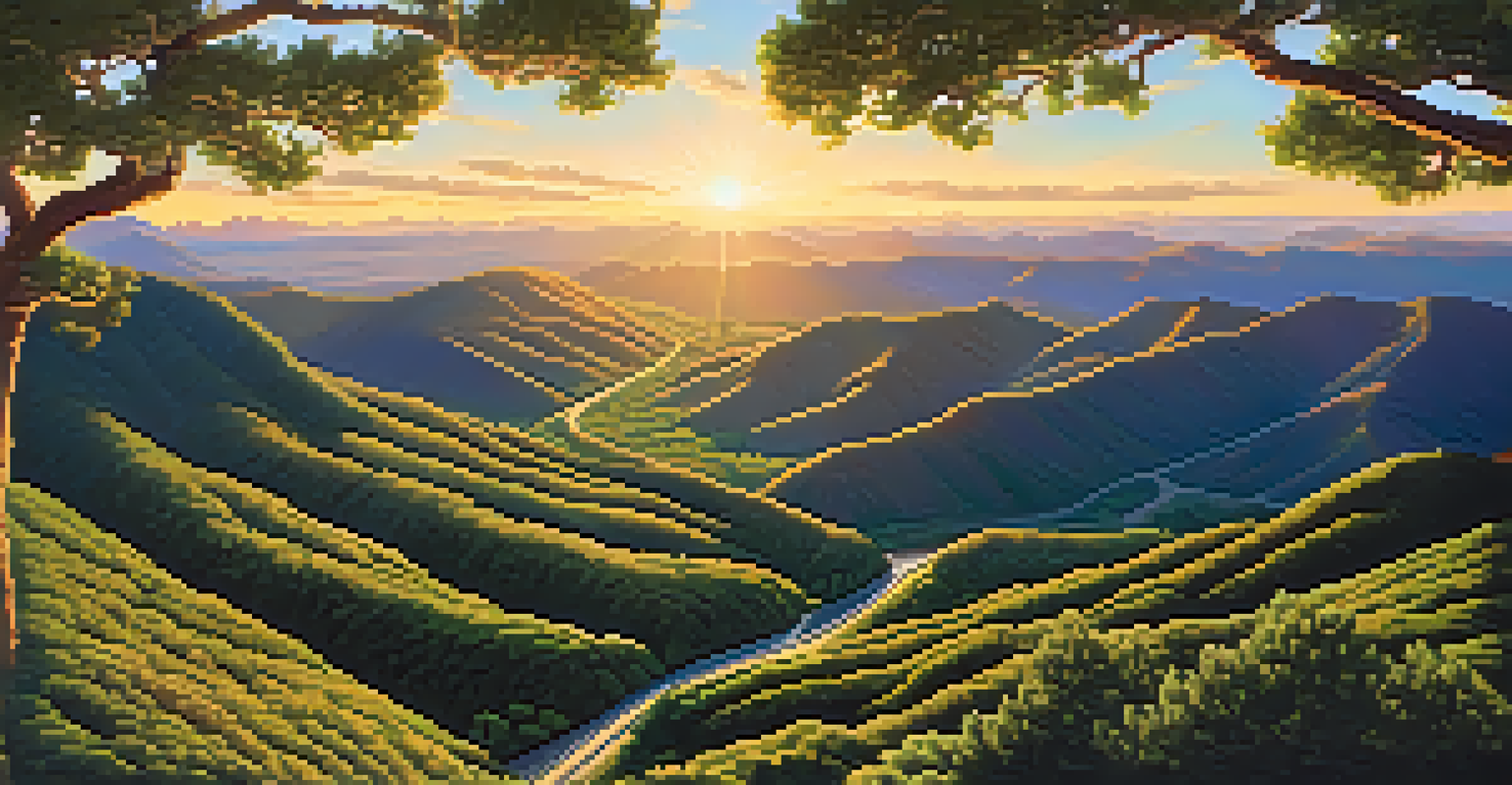 An aerial view of a winding road through green forests and mountains at sunset, showcasing the beauty of the Rim of the World Scenic Byway.