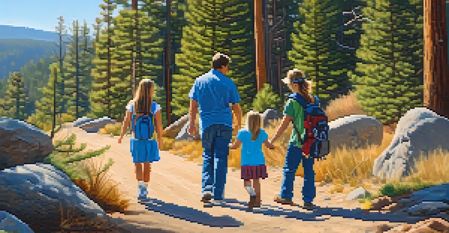 A family participating in a scavenger hunt on a rail trail in Big Bear, with trees in the background.