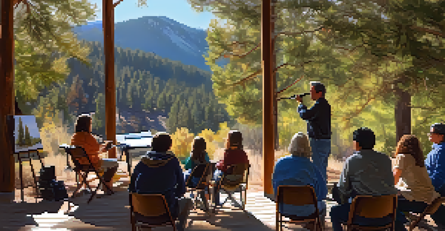 A photography workshop in Big Bear, with a mentor teaching aspiring photographers in a scenic outdoor setting.