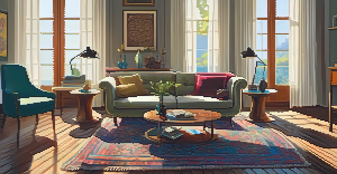 A warm and inviting vintage living room with a mid-century sofa, antique coffee table, and vibrant rug, illuminated by soft sunlight.