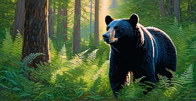 A black bear in a sunlit forest, surrounded by greenery and wildflowers, capturing the beauty of nature.