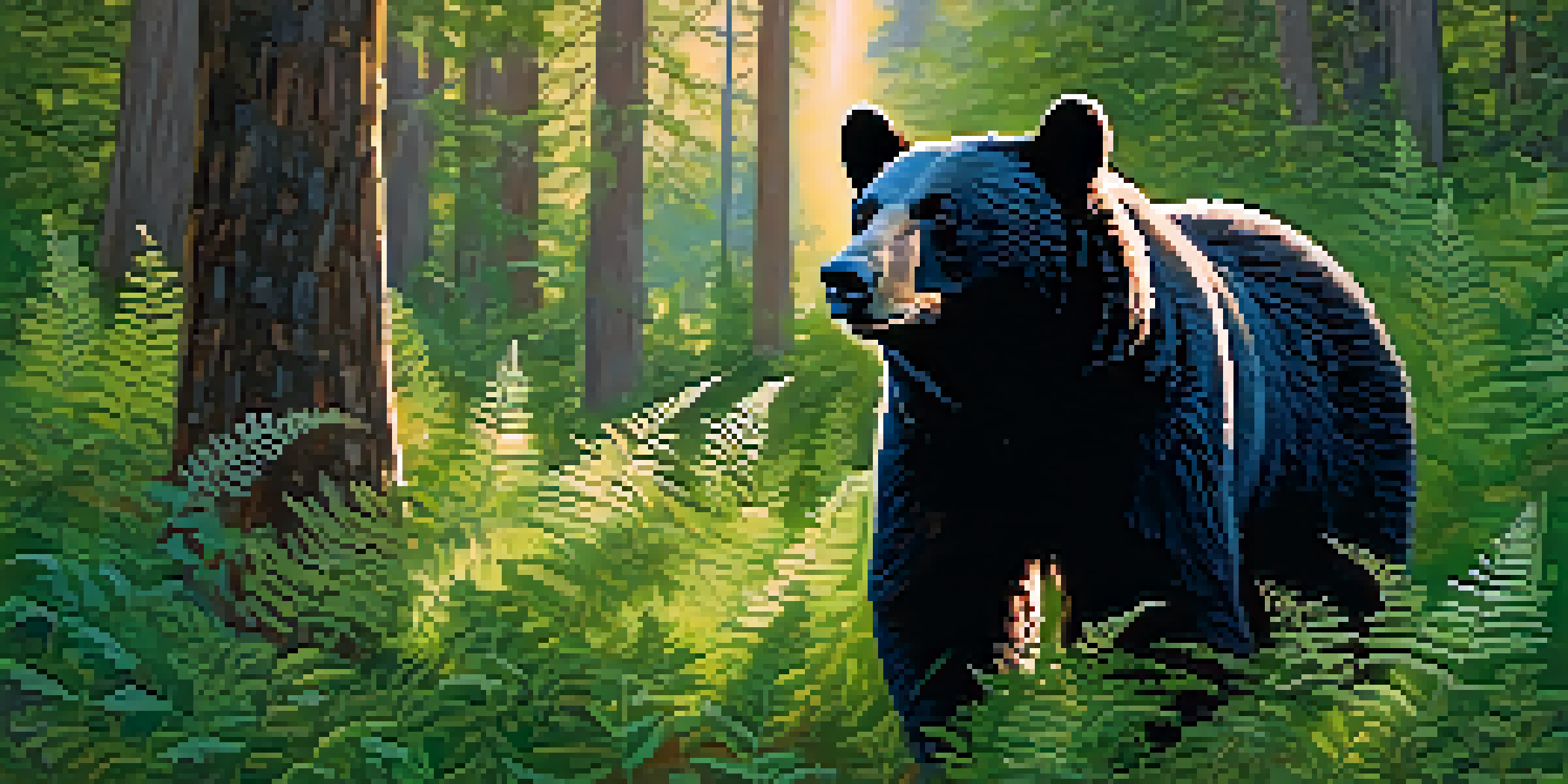 A black bear in a sunlit forest, surrounded by greenery and wildflowers, capturing the beauty of nature.