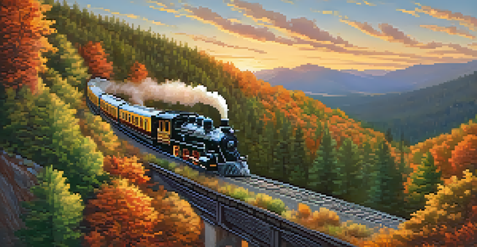 A train on the Big Bear Railway surrounded by colorful autumn foliage and a sunset in the background.