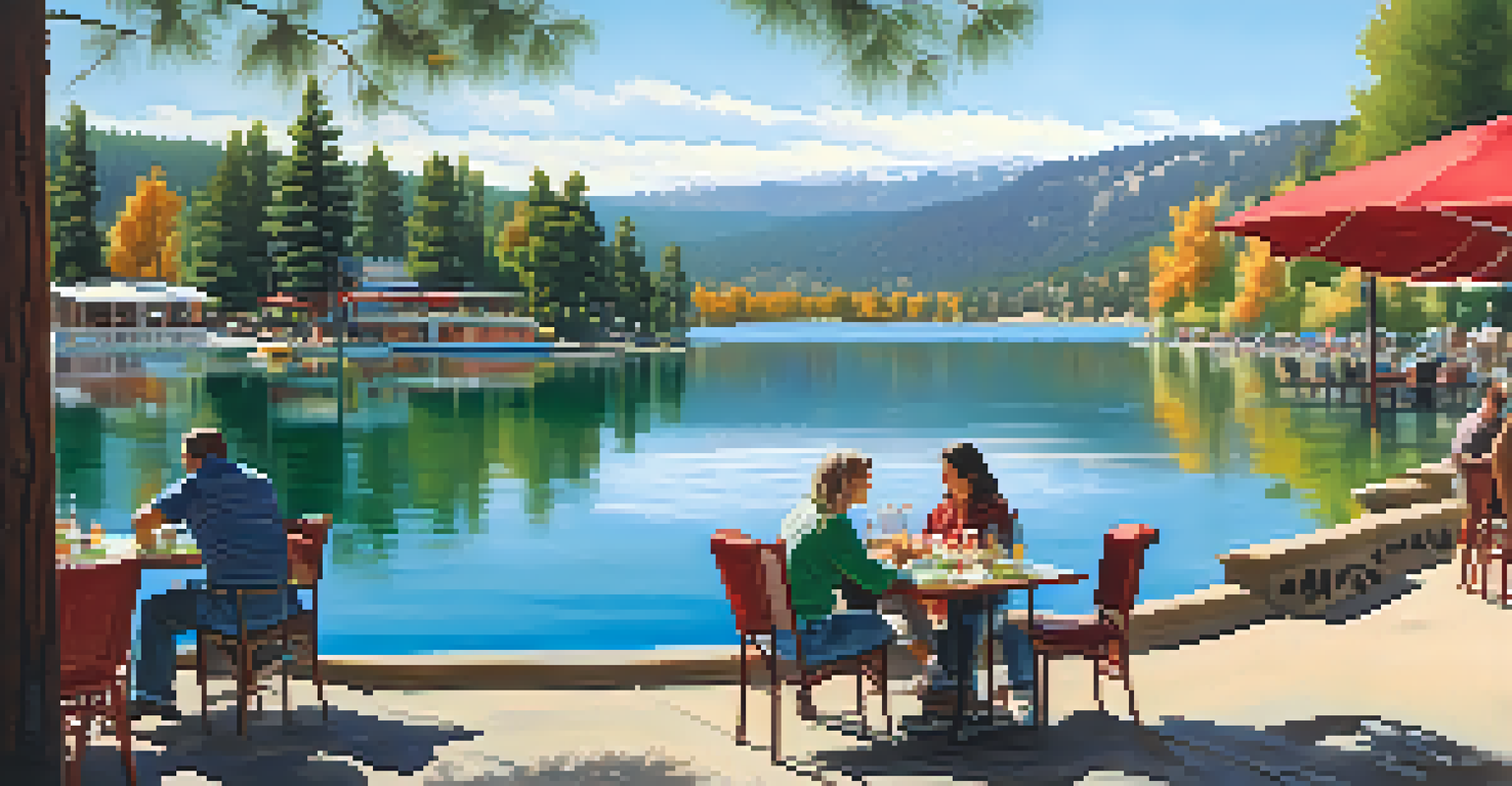 An outdoor dining setup at a lakeside restaurant with colorful plates and a scenic mountain view.