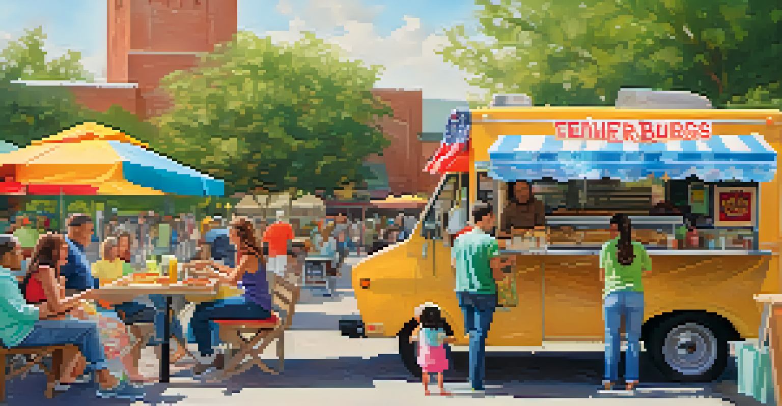 A family sharing food from food trucks at a farmers market, surrounded by colorful banners and a festive atmosphere.