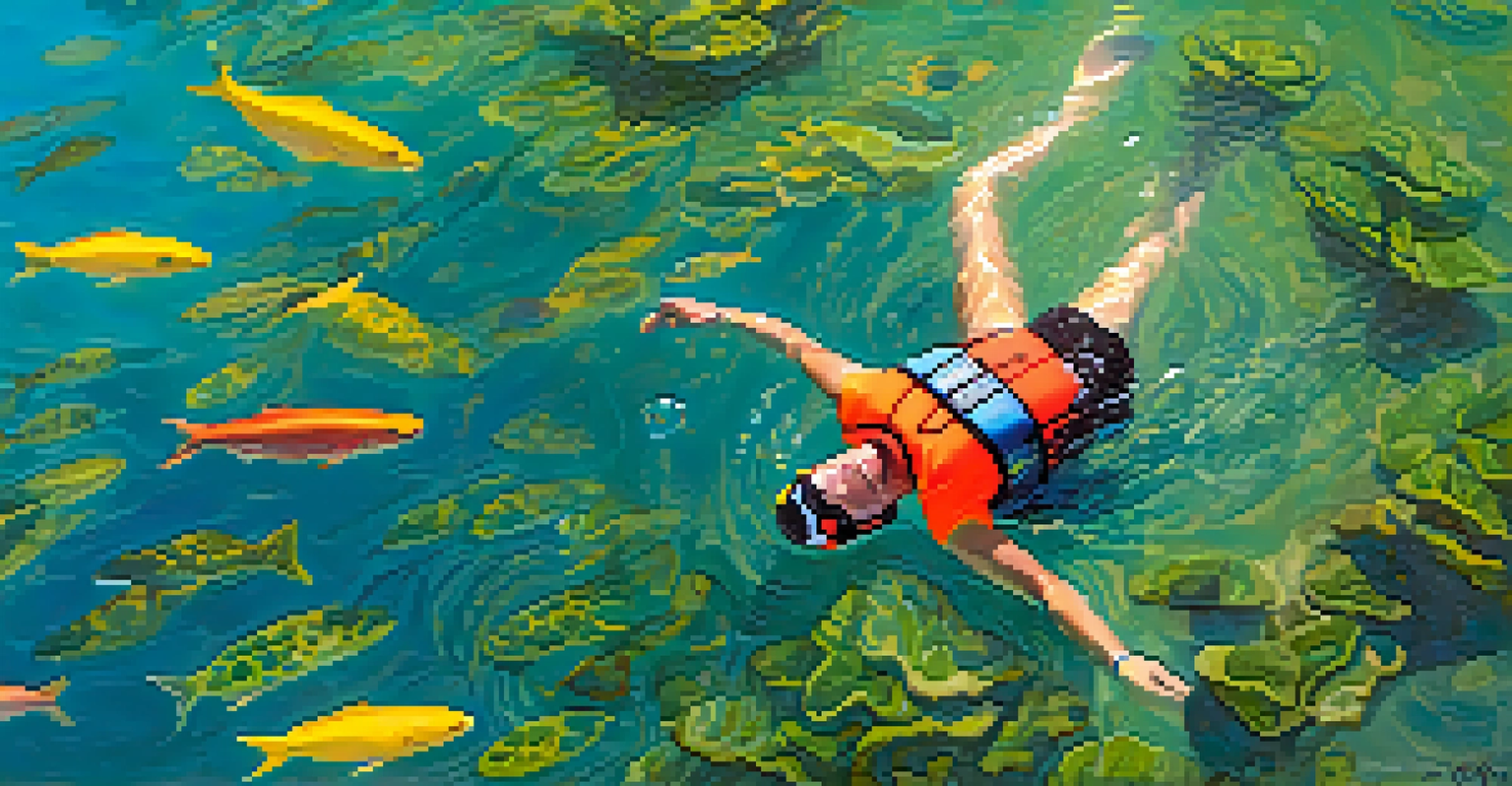 A swimmer in a bright life jacket floating in the clear waters of Big Bear Lake, with colorful fish swimming nearby.