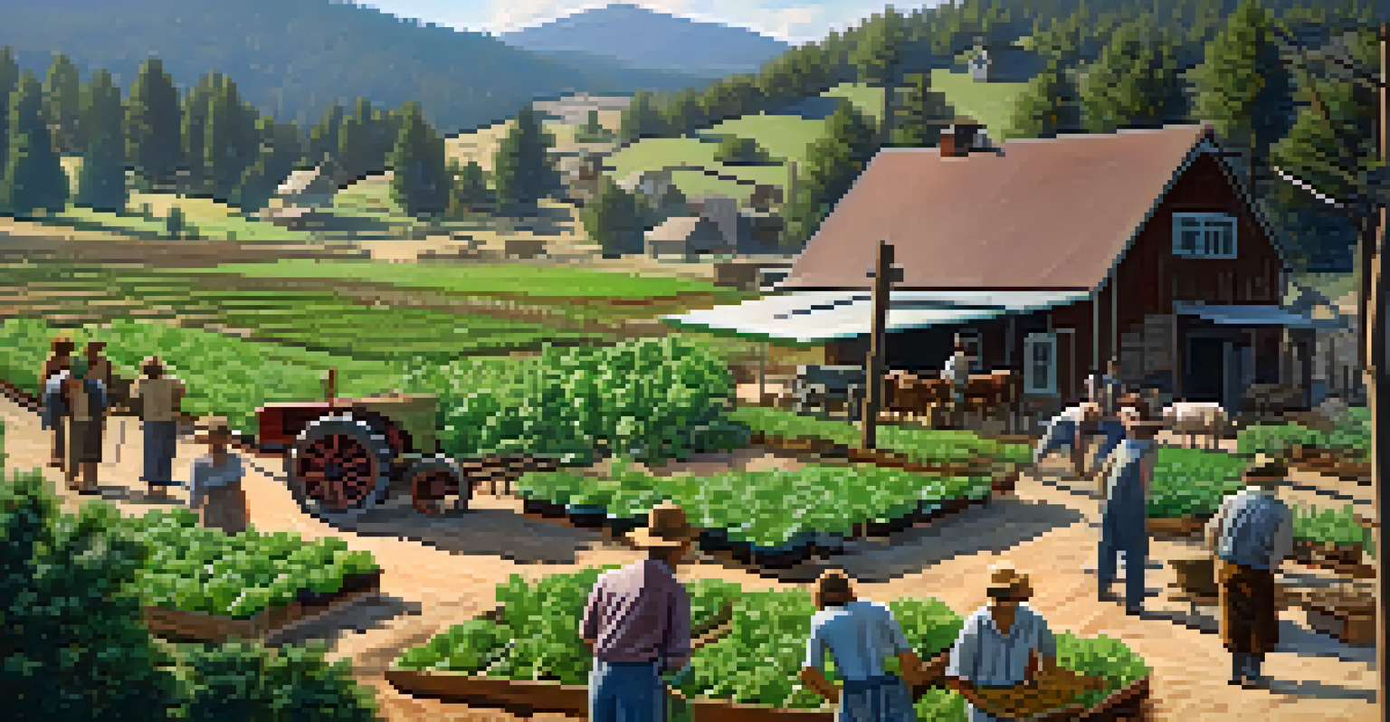 Locals farming in Big Bear during the Great Depression, highlighting vegetable gardens and livestock with a scenic backdrop of hills.