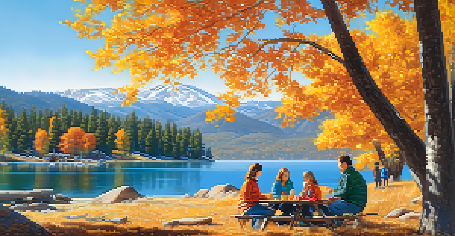 A colorful autumn scene at Big Bear Lake with families picnicking by the shore and vibrant trees.
