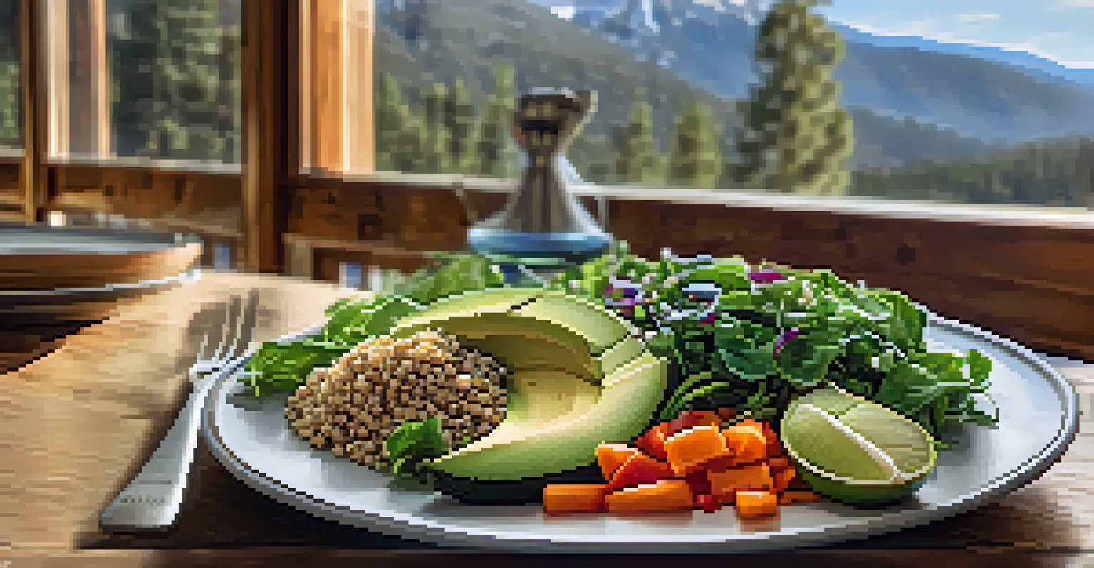 A colorful healthy meal with quinoa and vegetables served at a yoga retreat, with mountains in the background.