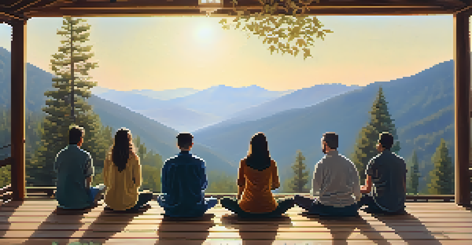 Individuals meditating on a deck with a mountain view, embodying tranquility and mindfulness.