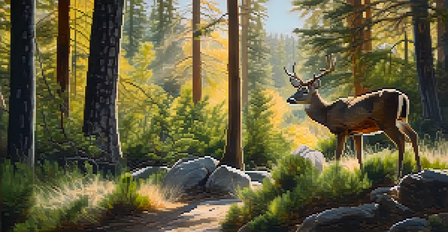 A deer in a forested area of Big Bear, with sunlight filtering through trees, and a bird watcher observing in the background.