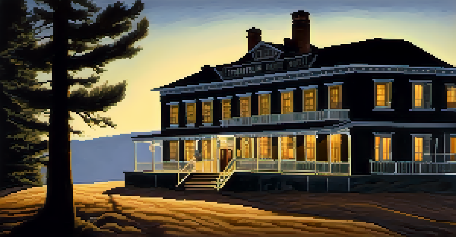 An atmospheric image of the Gold Mountain Hotel at night, with moonlight illuminating the building and a ghostly figure appearing in a window.