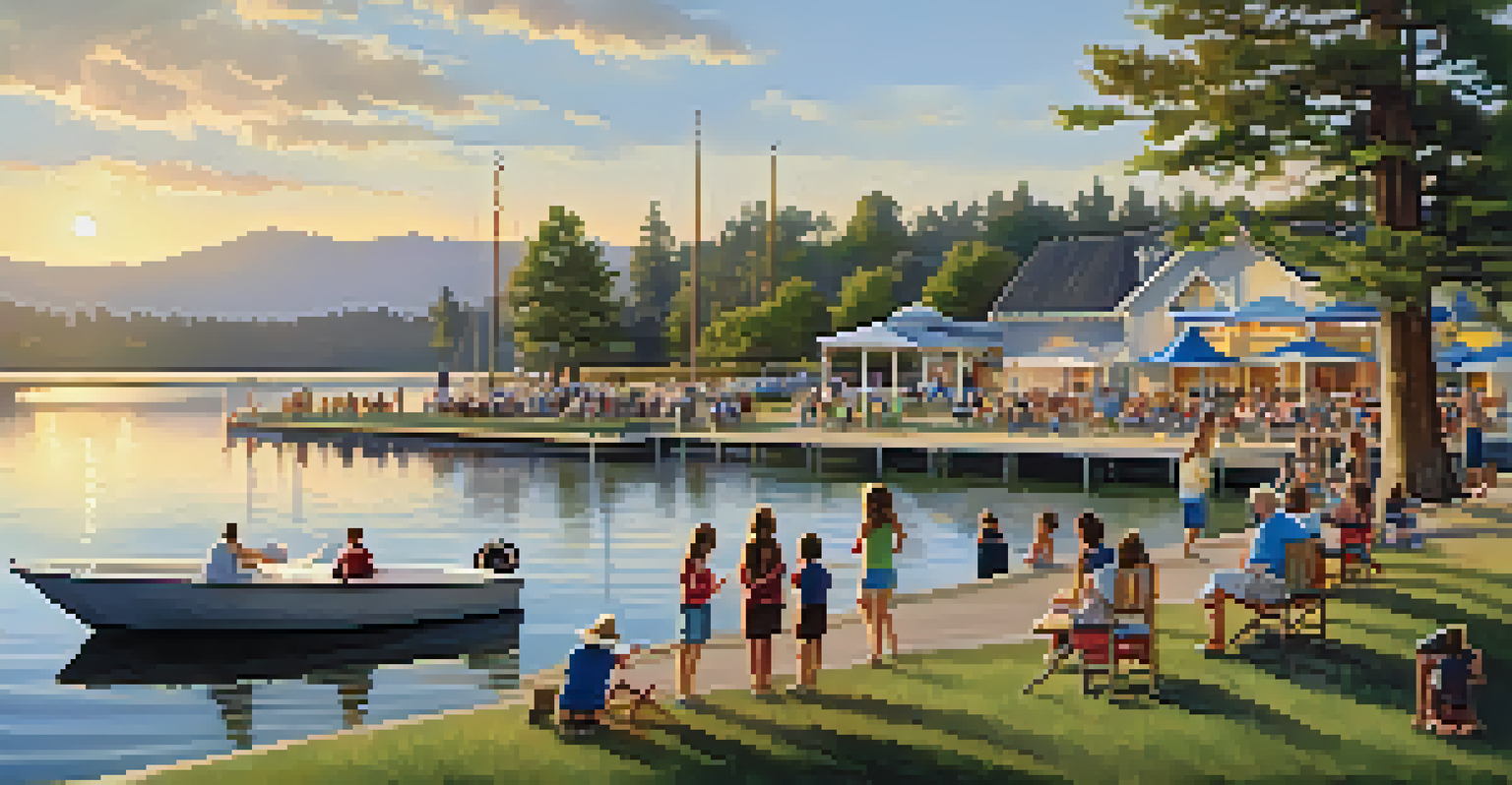 Families enjoying a live music event at Pine Knot Marina, with musicians performing by the water and children playing.
