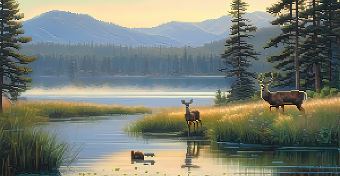 A peaceful scene of Big Bear Lake at sunrise with deer grazing near the water, surrounded by trees and mountains in the background.