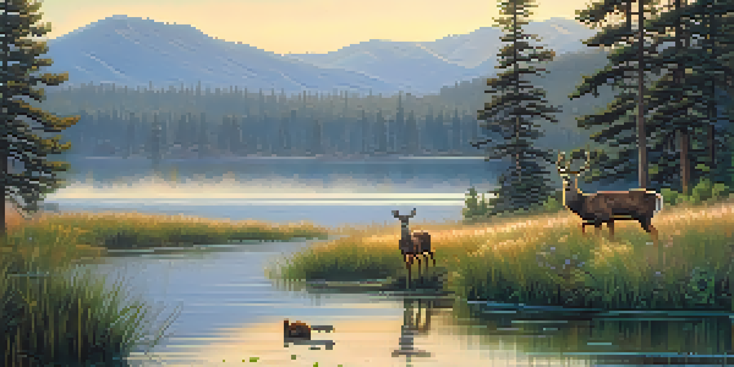A peaceful scene of Big Bear Lake at sunrise with deer grazing near the water, surrounded by trees and mountains in the background.