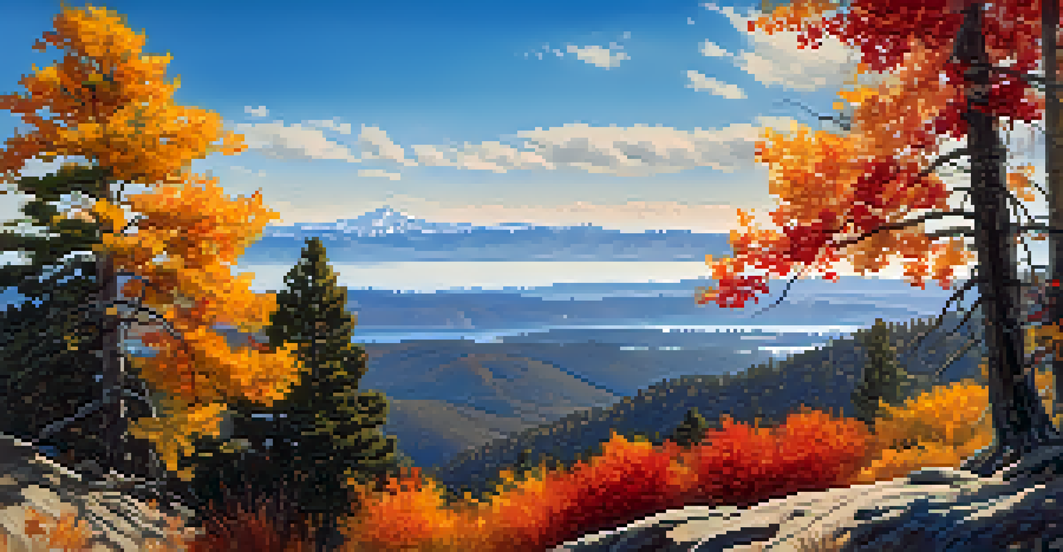 A panoramic autumn view from a mountain in Big Bear, featuring colorful foliage and wildflowers with distant mountains under a blue sky.