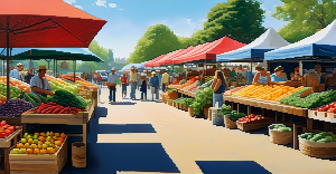 A lively farmers market with colorful produce, shoppers, and vendors under a sunny sky.
