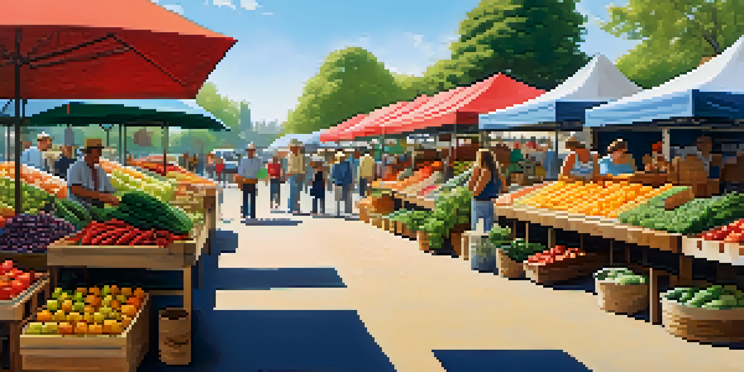 A lively farmers market with colorful produce, shoppers, and vendors under a sunny sky.