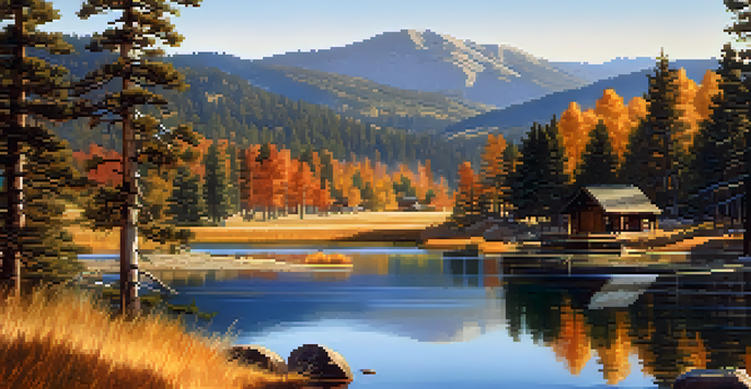A scenic landscape of Big Bear Valley featuring a wooden cabin by a lake with mountains in the background and autumn trees.