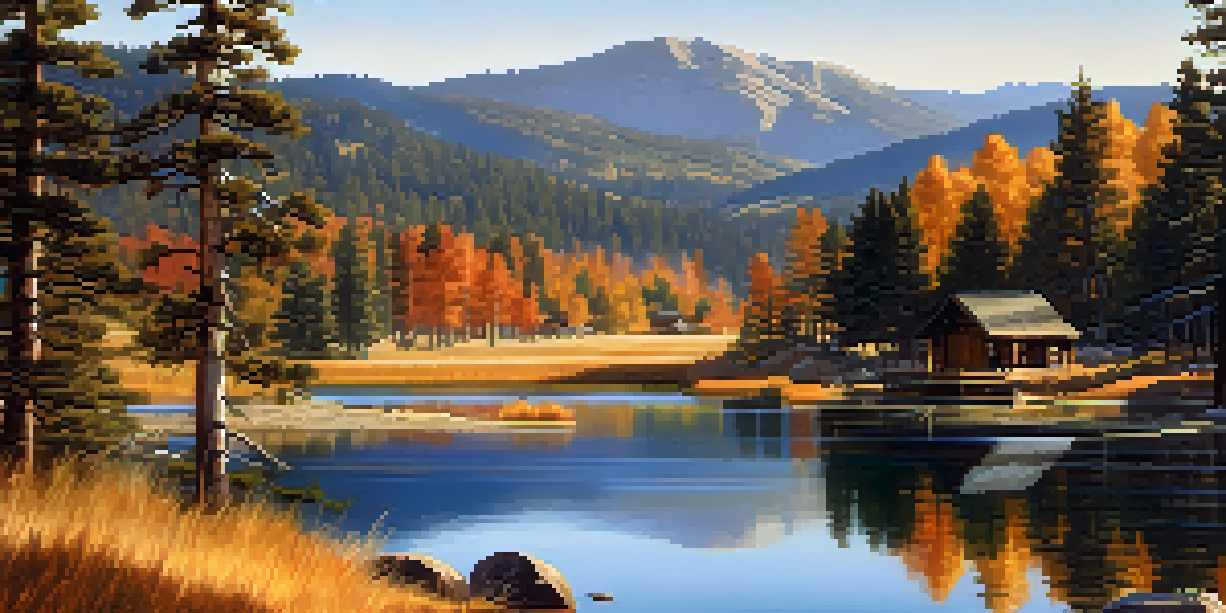 A scenic landscape of Big Bear Valley featuring a wooden cabin by a lake with mountains in the background and autumn trees.