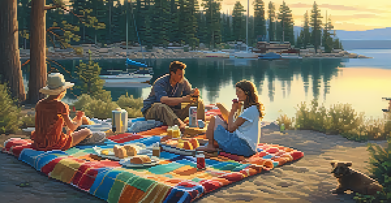 A family picnic on the shore of Big Bear Lake with food laid out on a blanket and a boat in the background.