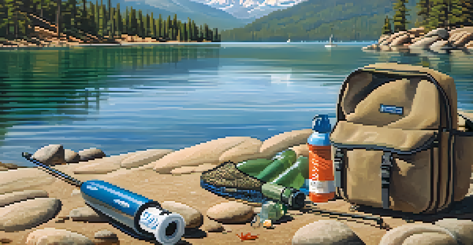 An eco-friendly fishing gear setup by Big Bear Lake, showcasing a fishing rod, landing net, and sustainable practices.