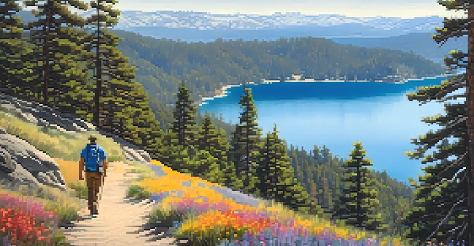 A hiker on a mountain peak surrounded by pine trees and wildflowers, overlooking a beautiful lake and mountains under a clear blue sky.