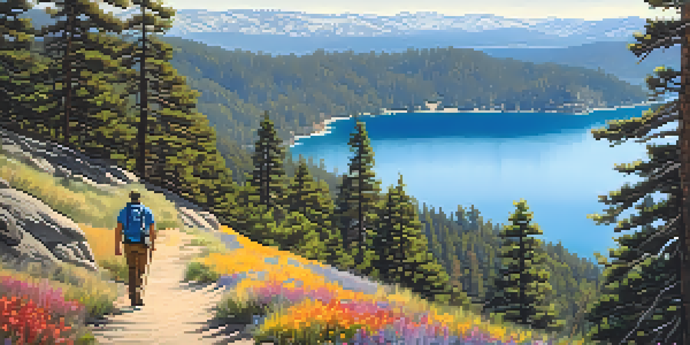 A hiker on a mountain peak surrounded by pine trees and wildflowers, overlooking a beautiful lake and mountains under a clear blue sky.