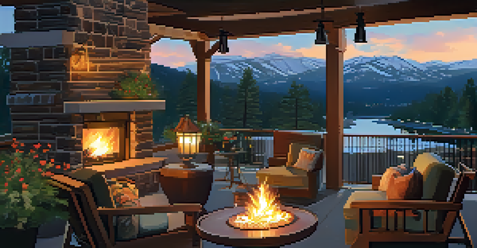 Outdoor patio scene with guests enjoying cocktails by a fireplace, surrounded by mountain scenery.