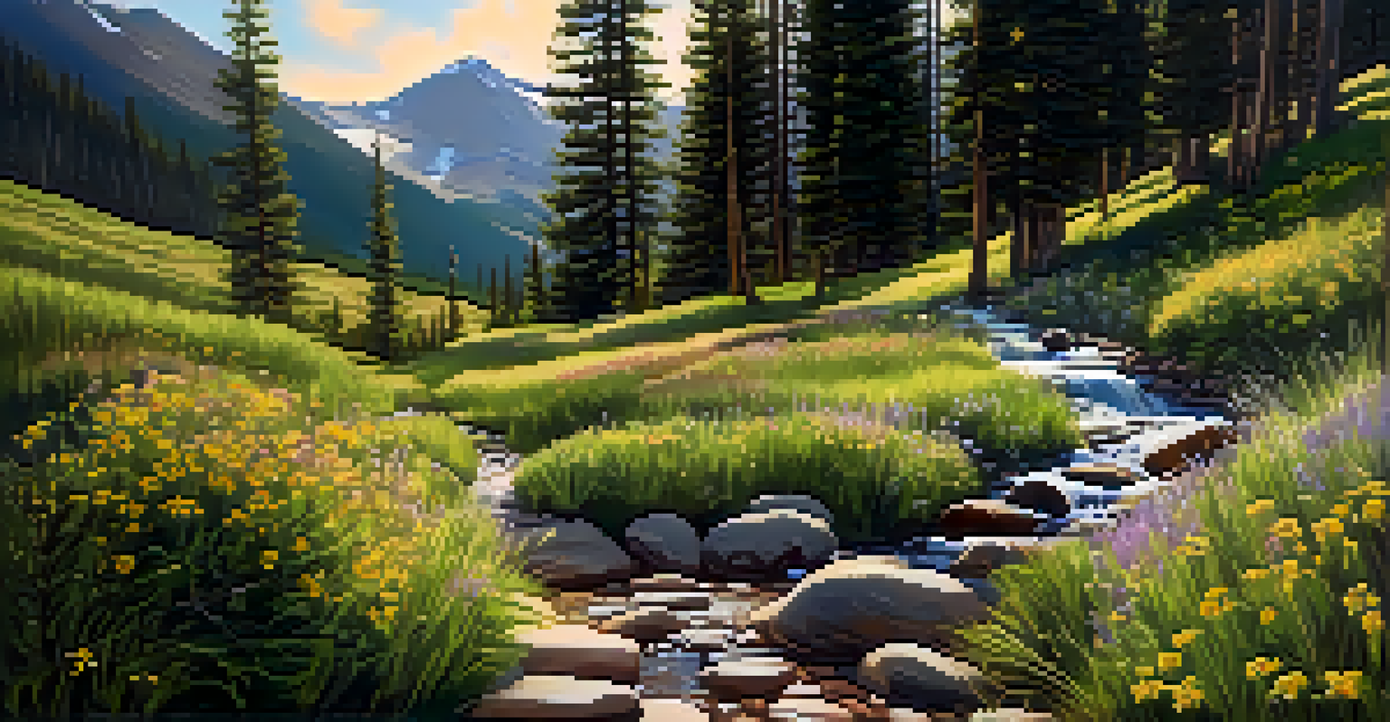 A tranquil hiking trail surrounded by wildflowers and pine trees, leading to a hidden waterfall.