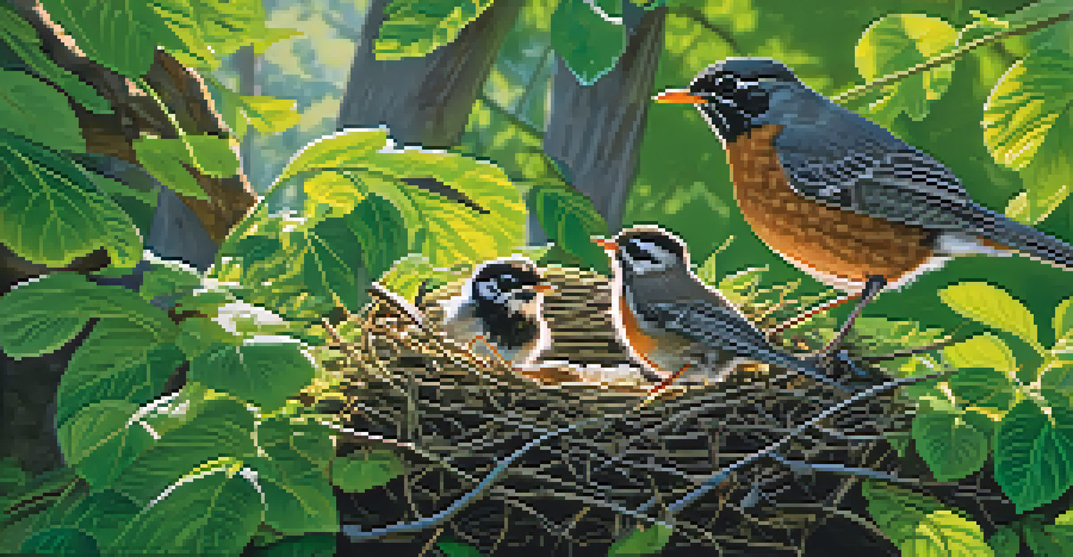 An American Robin feeding its chicks in a nest with a Mountain Chickadee nearby, surrounded by lush green foliage and sunlight filtering through the trees.
