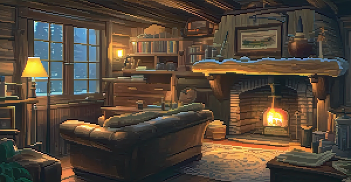 A warm and inviting cabin interior with a fireplace, rustic wooden beams, and scattered puzzles and clues.