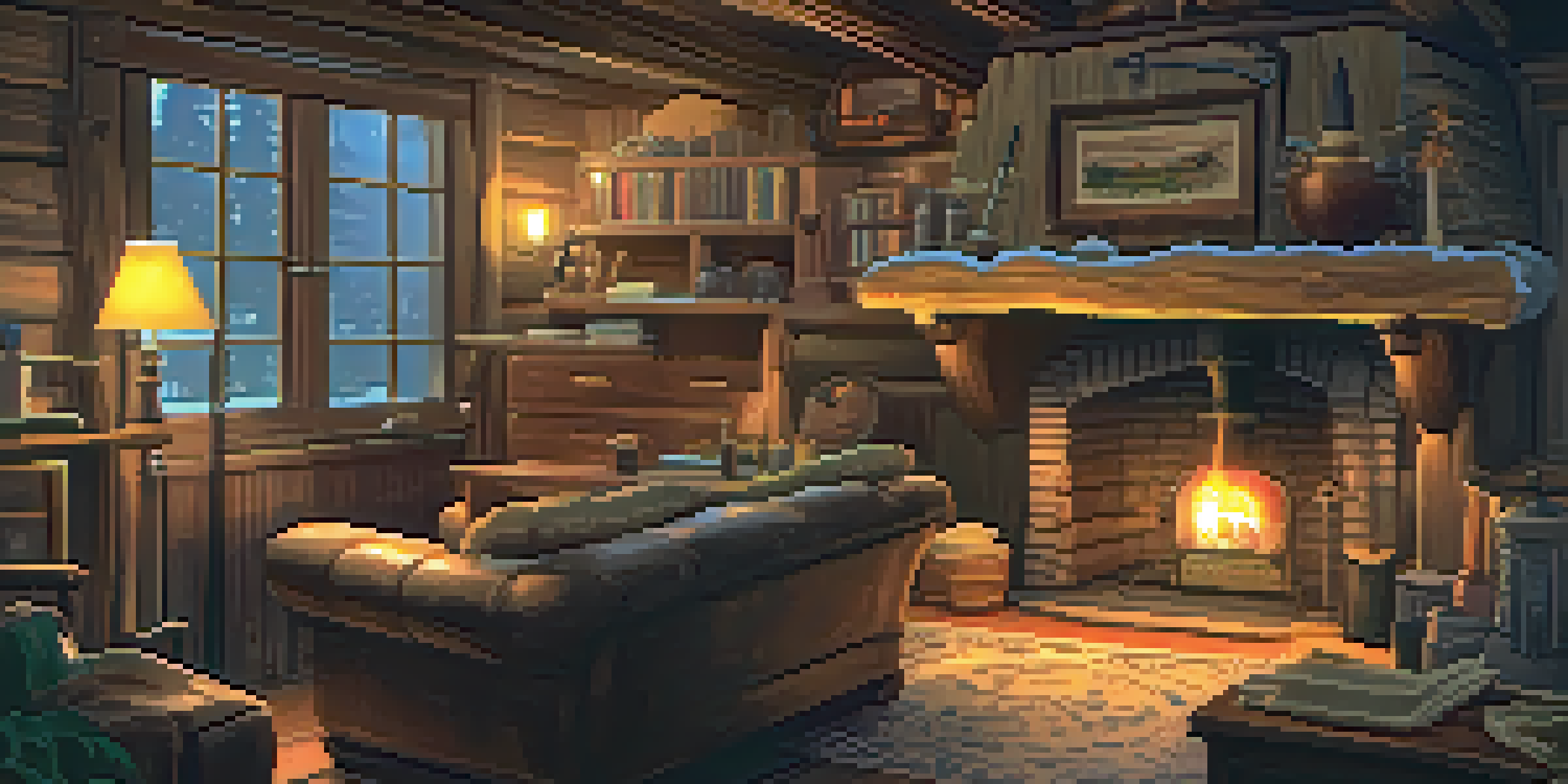 A warm and inviting cabin interior with a fireplace, rustic wooden beams, and scattered puzzles and clues.