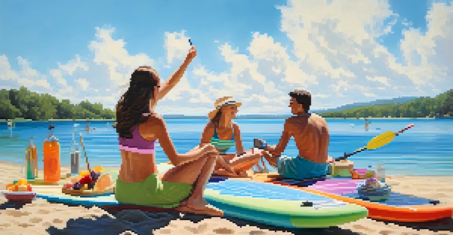 A group of friends having a picnic by the lake with paddleboards in the background on a sunny day.