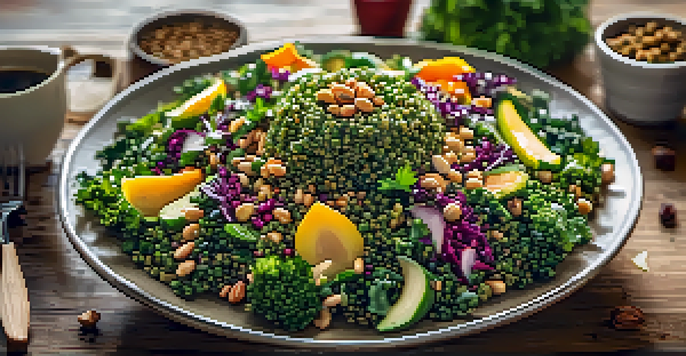 A colorful Superfood Salad with quinoa, kale, and seasonal vegetables on a rustic table, illuminated by natural sunlight.
