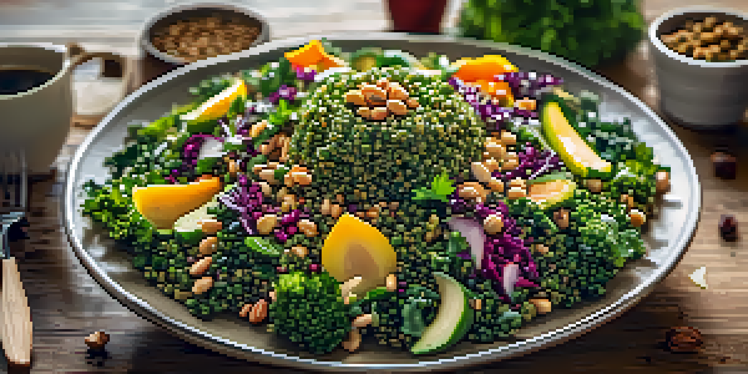 A colorful Superfood Salad with quinoa, kale, and seasonal vegetables on a rustic table, illuminated by natural sunlight.