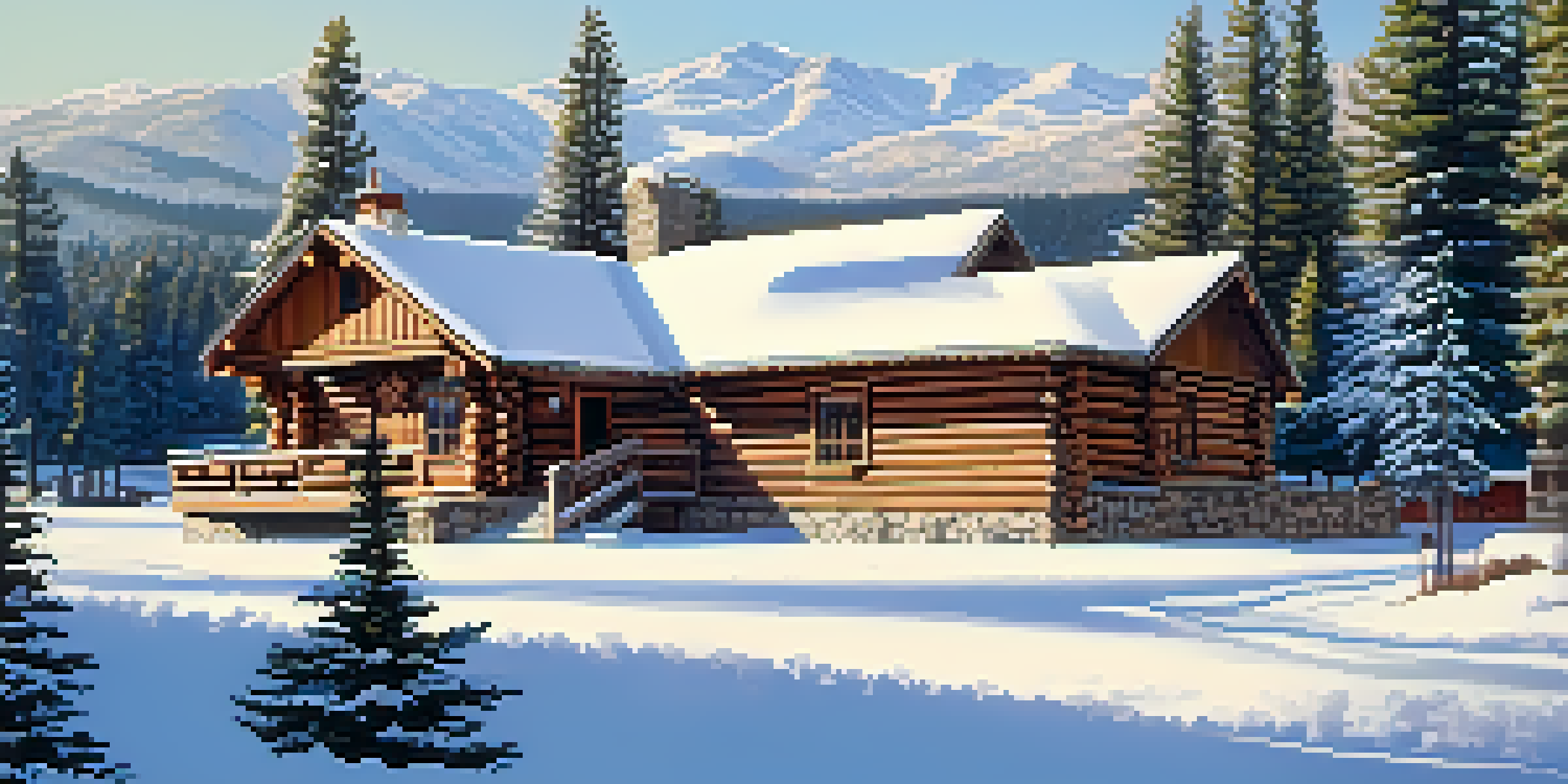 A beautiful log cabin museum surrounded by snowy mountains and tall trees, illuminated by warm sunlight.