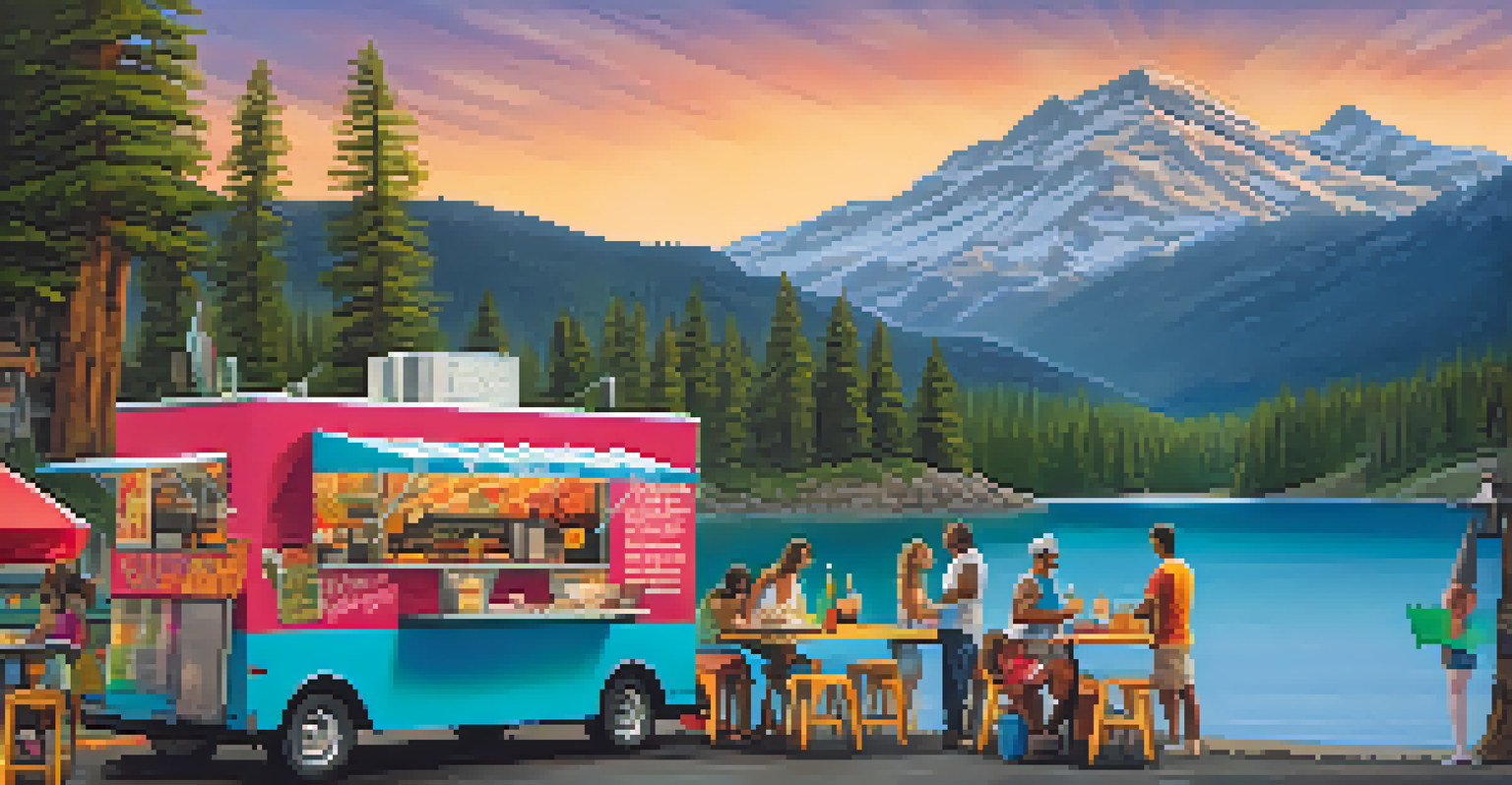 A colorful food truck by a lake serving gourmet tacos, with people enjoying their meals and mountains in the background.