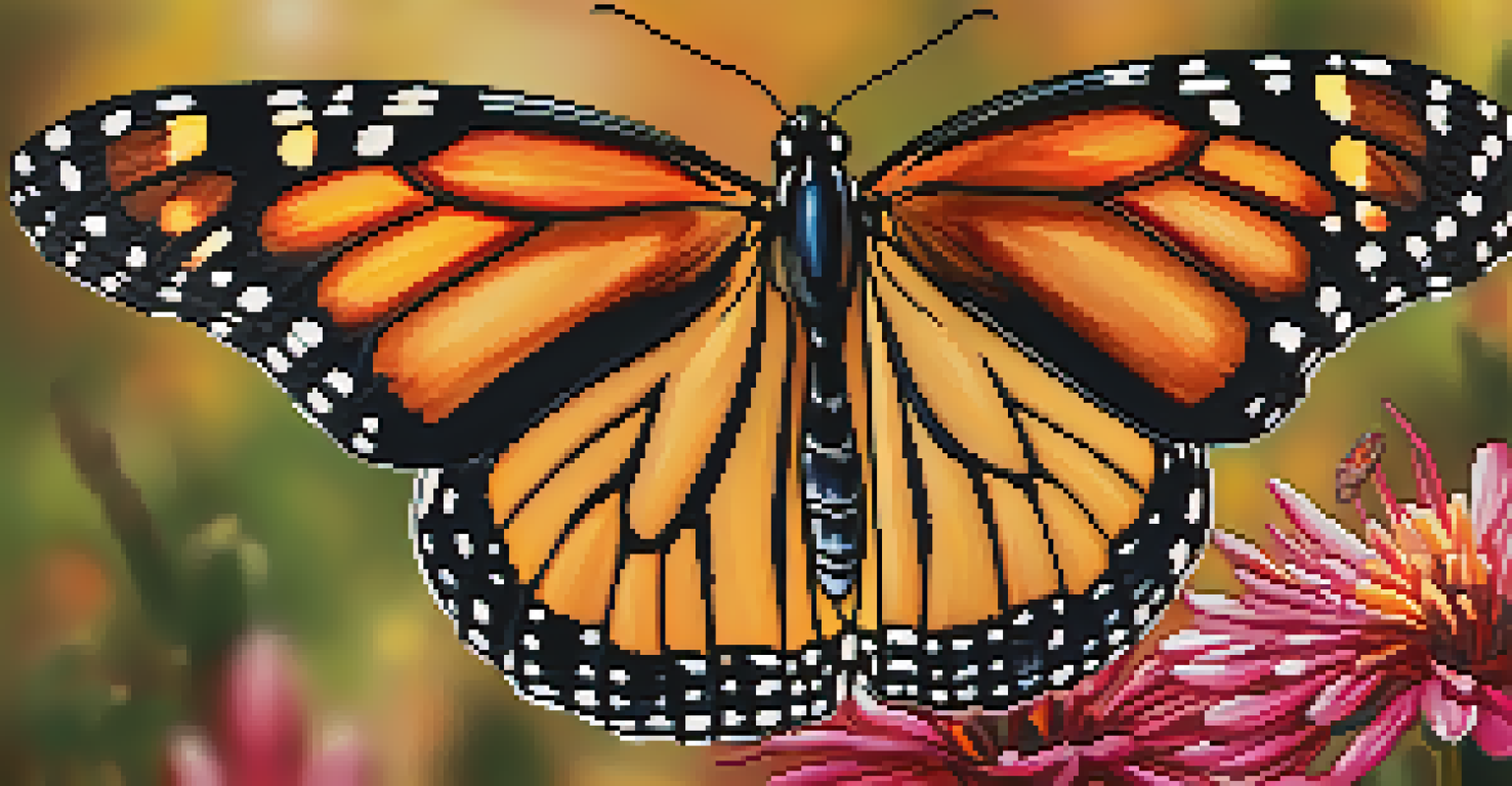 A close-up image of a monarch butterfly on a flower, with autumn leaves softly blurred in the background.