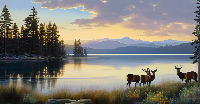 A picturesque view of Big Bear Lake at sunrise, with mist, pine trees, wildflowers, mountains, and deer.