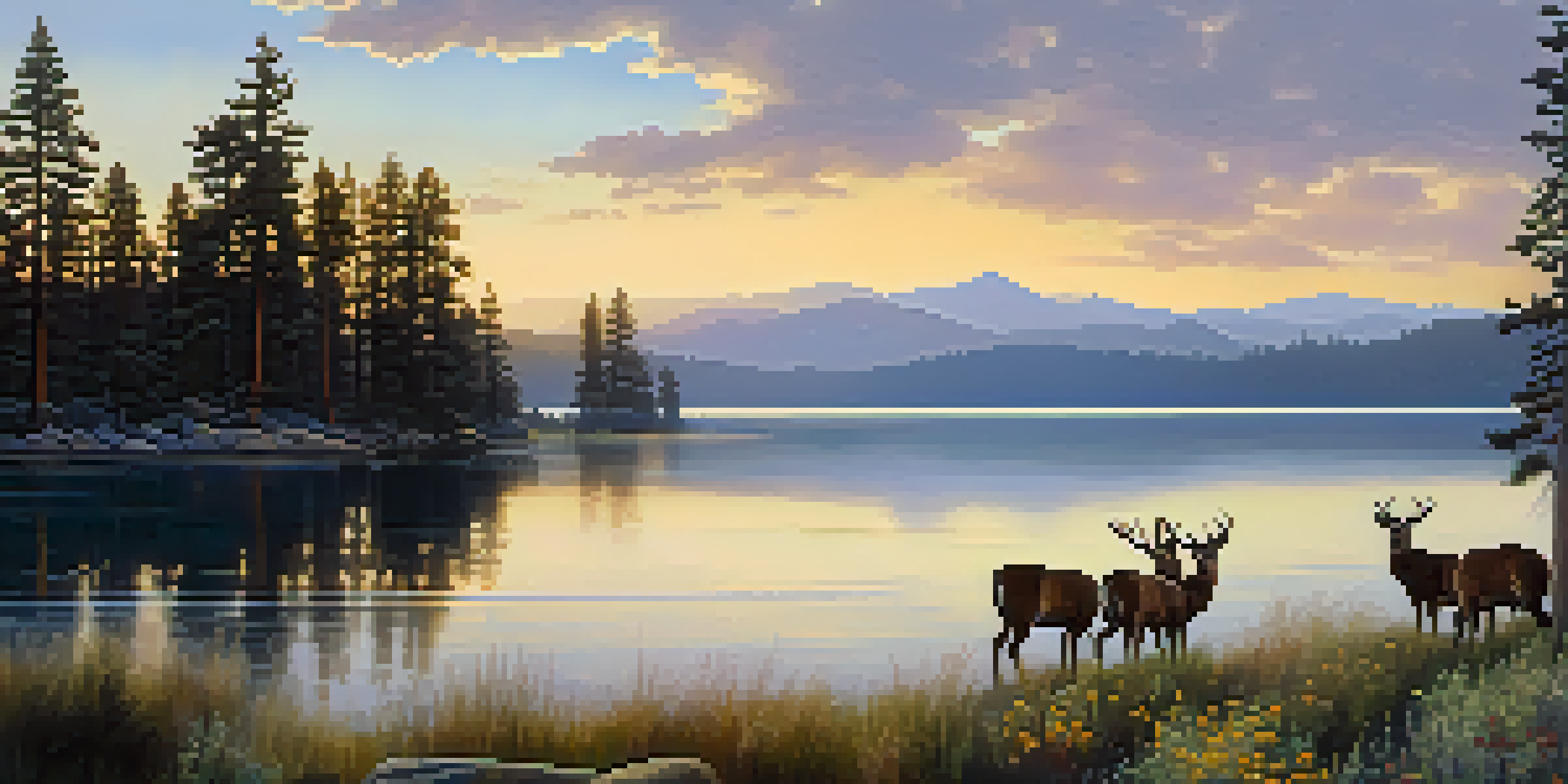 A picturesque view of Big Bear Lake at sunrise, with mist, pine trees, wildflowers, mountains, and deer.