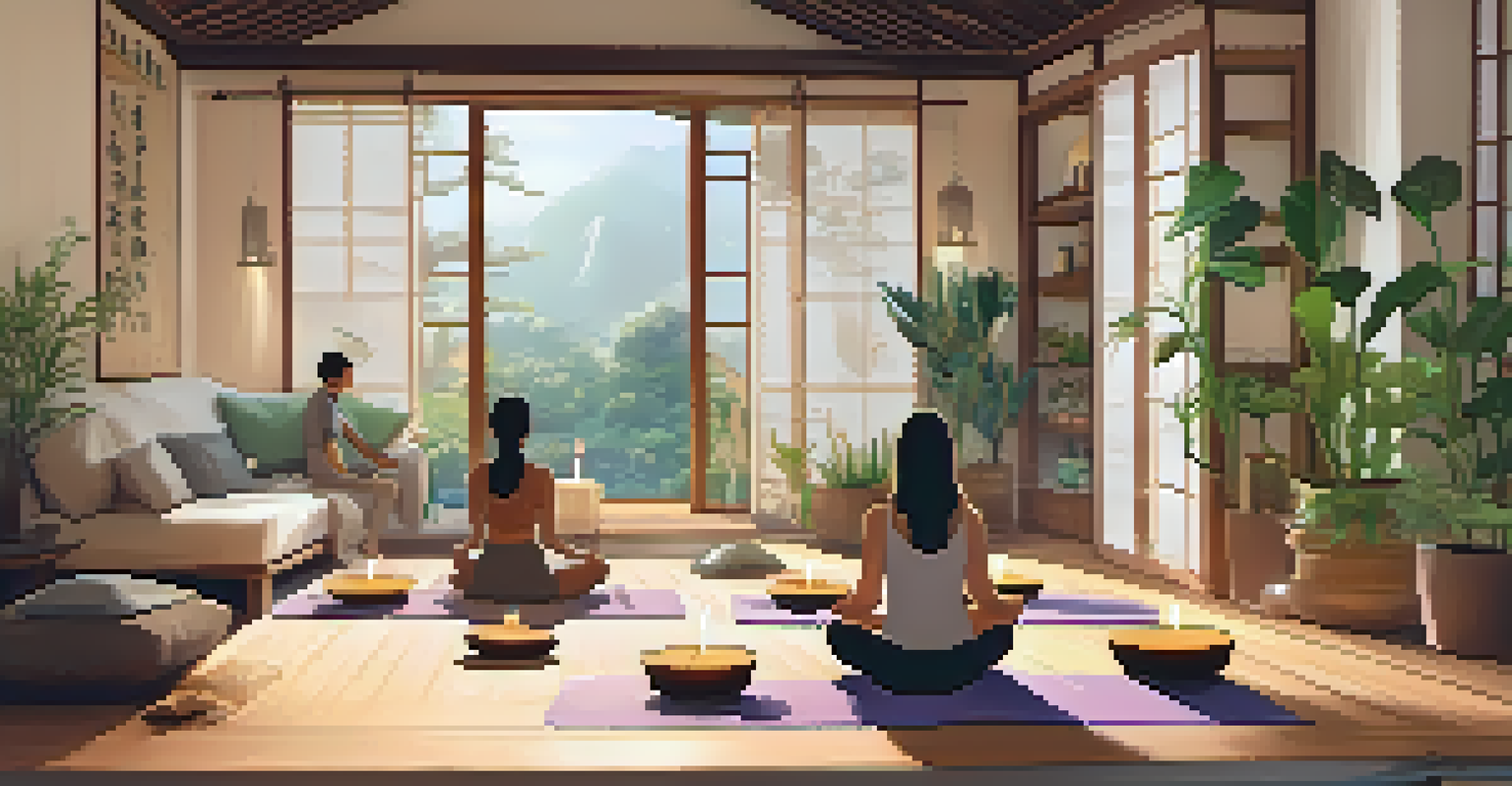 A tranquil interior of The Zen Den, where guests participate in a sound bath session surrounded by calming decor and soft lighting.