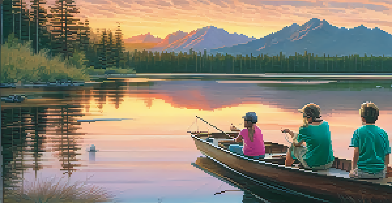 A family fishing from a boat at sunset, surrounded by nature and a colorful sky.