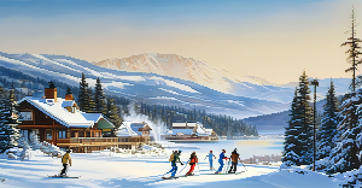 A picturesque winter scene at Big Bear Lake with snow-covered mountains and people skiing.