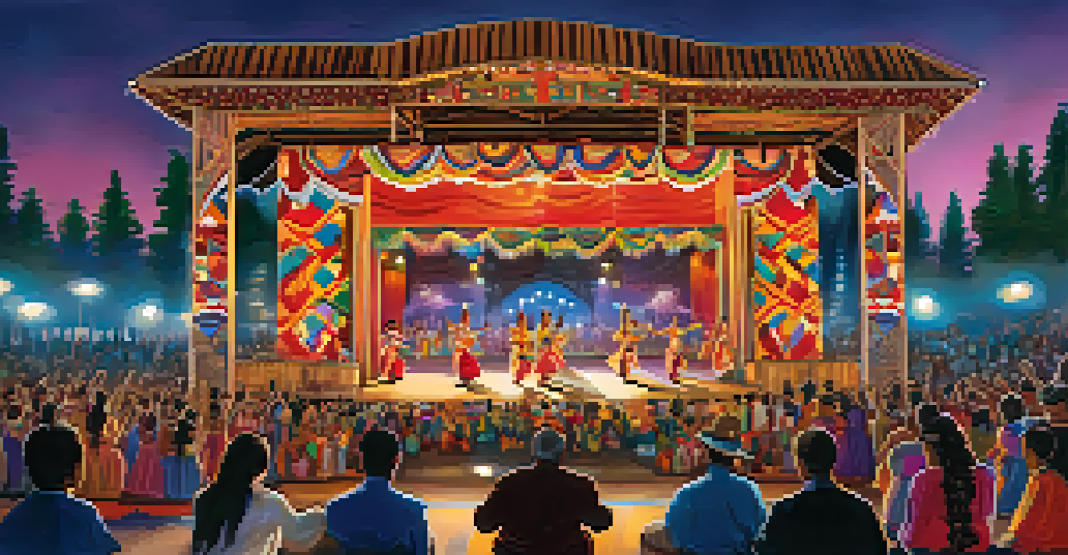 A performance stage with dancers in traditional costumes entertaining an enthusiastic audience.